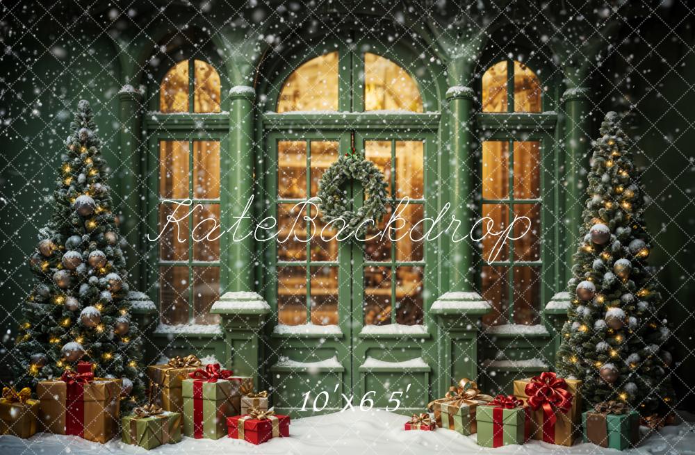 Kate Christmas Snowy Street Gift Green Window Backdrop Designed by Emetselch -UK