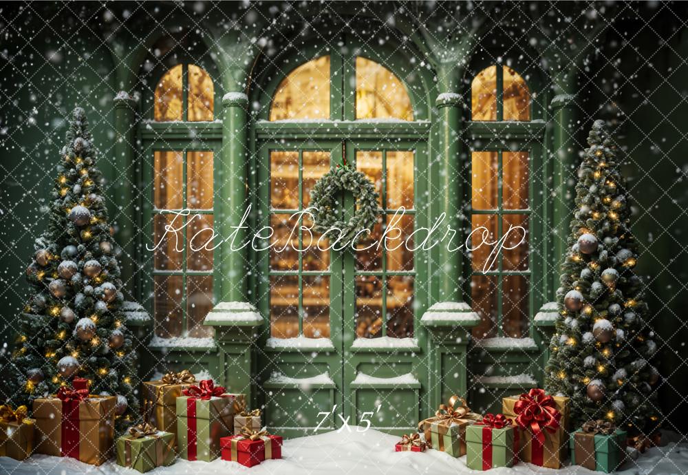 Kate Christmas Snowy Street Gift Green Window Backdrop Designed by Emetselch -UK