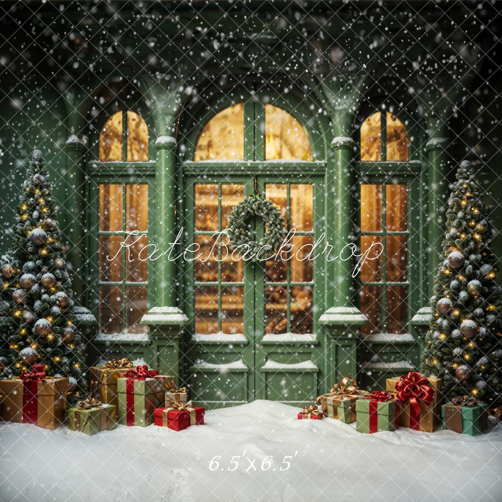 Kate Christmas Snowy Street Gift Green Window Backdrop Designed by Emetselch -UK