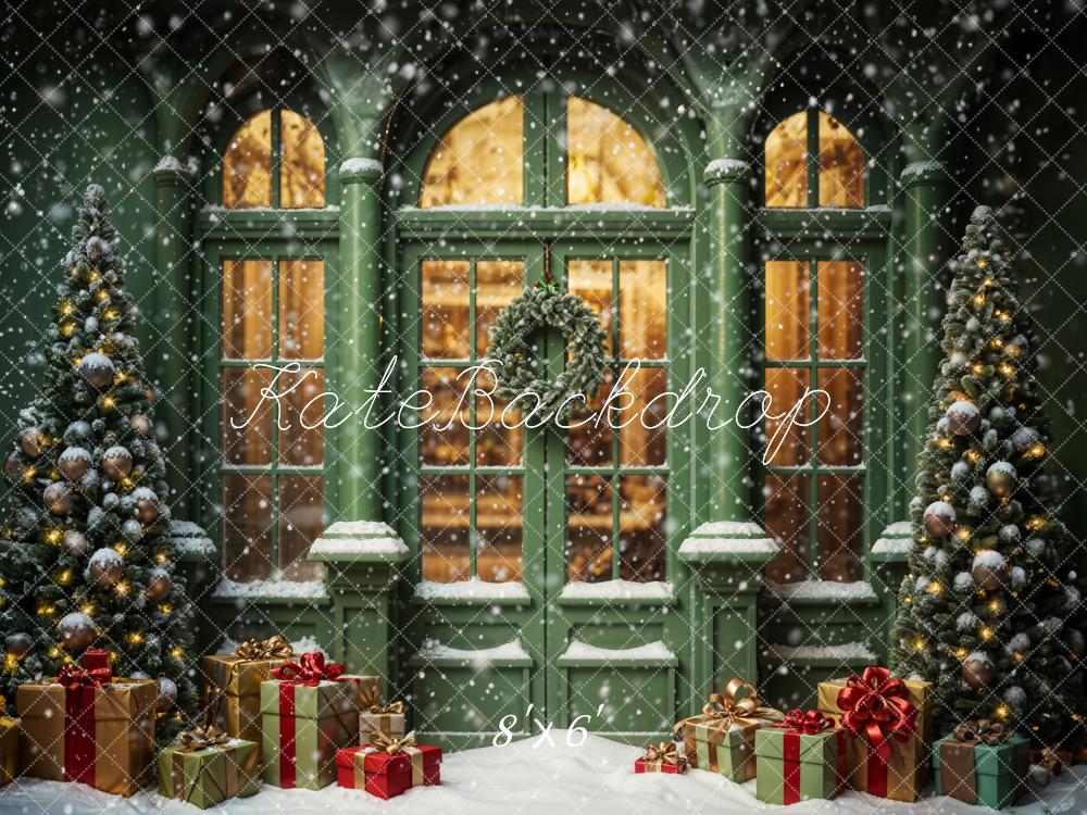 Kate Christmas Snowy Street Gift Green Window Backdrop Designed by Emetselch -UK