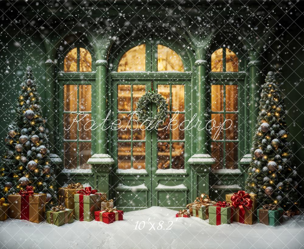 Kate Christmas Snowy Street Gift Green Window Backdrop Designed by Emetselch -UK