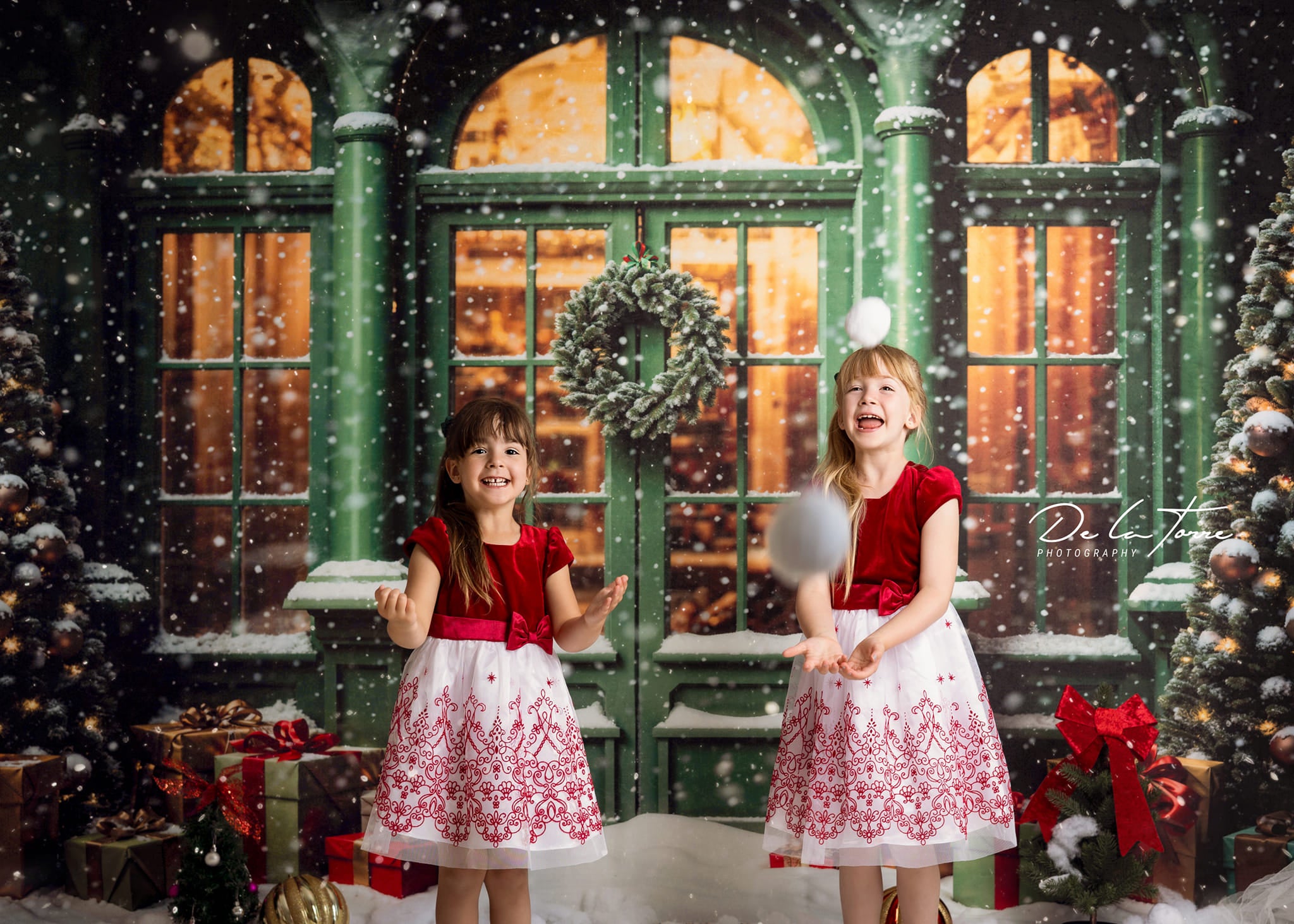 Kate Christmas Snowy Street Gift Green Window Backdrop Designed by Emetselch -UK