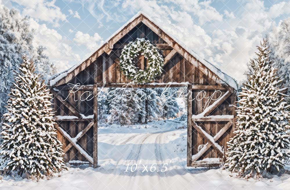 Kate Winter Snow Forest Wooden Cabin Door Backdrop Designed by Emetselch -UK