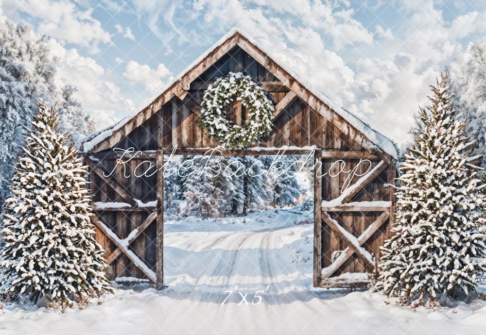 Kate Winter Snow Forest Wooden Cabin Door Backdrop Designed by Emetselch -UK