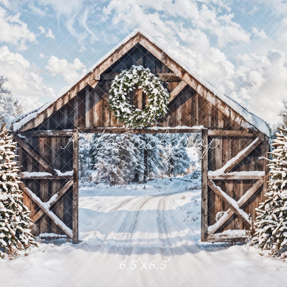 Kate Winter Snow Forest Wooden Cabin Door Backdrop Designed by Emetselch -UK