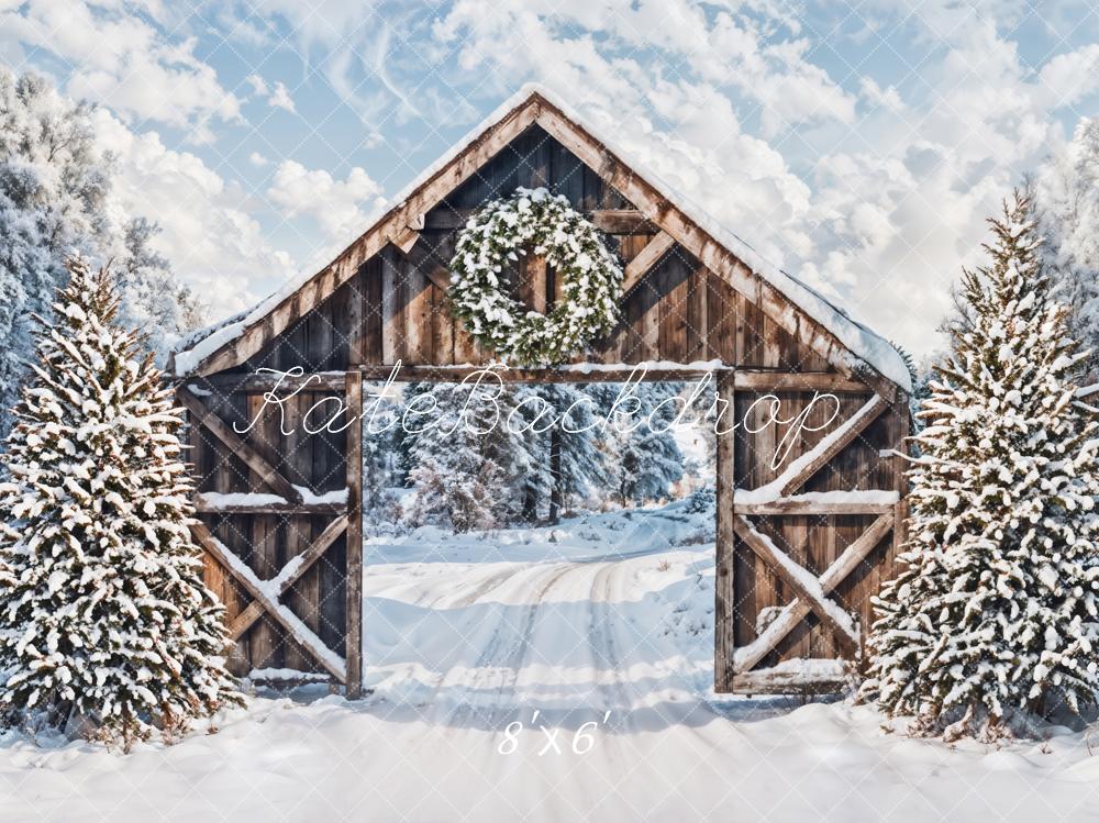 Kate Winter Snow Forest Wooden Cabin Door Backdrop Designed by Emetselch -UK