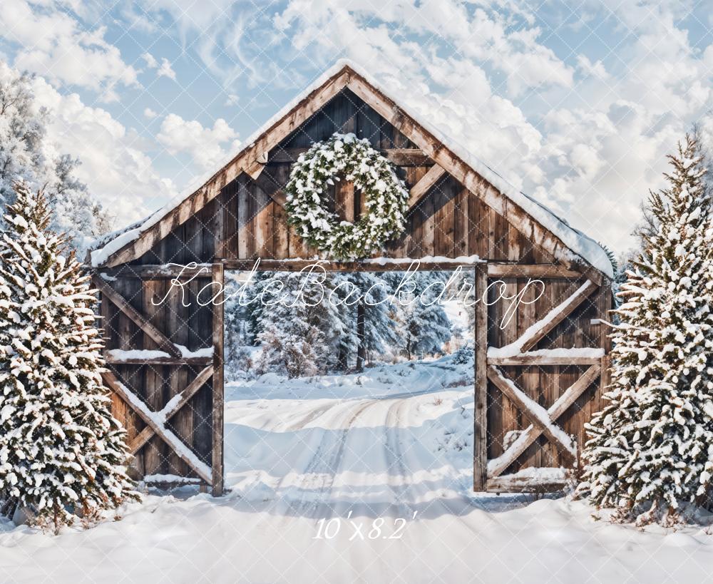 Kate Winter Snow Forest Wooden Cabin Door Backdrop Designed by Emetselch -UK