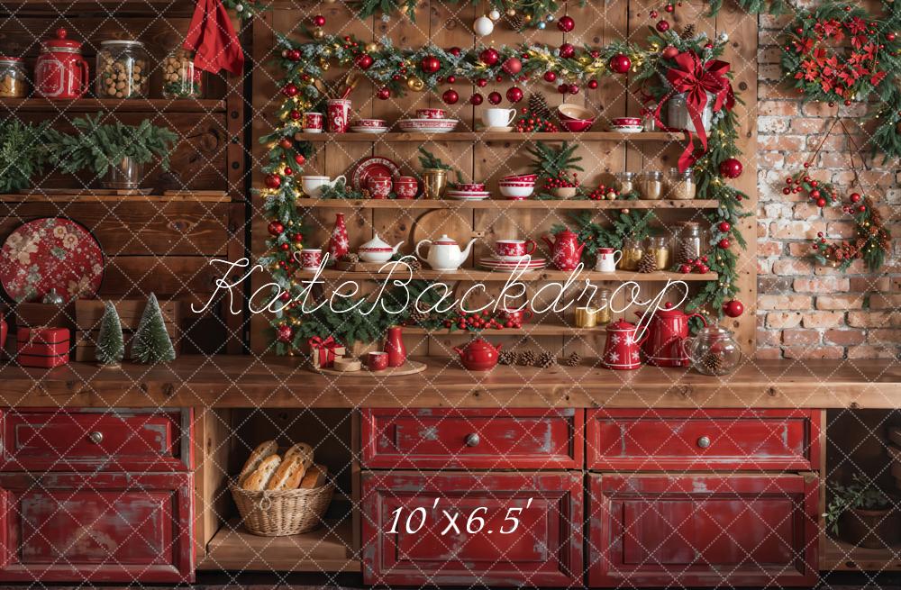 Kate Christmas Kitchen Red Cupboard Backdrop Designed by Emetselch -UK