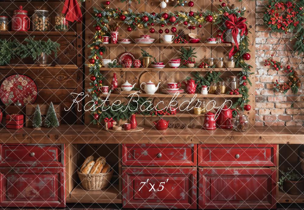 Kate Christmas Kitchen Red Cupboard Backdrop Designed by Emetselch -UK