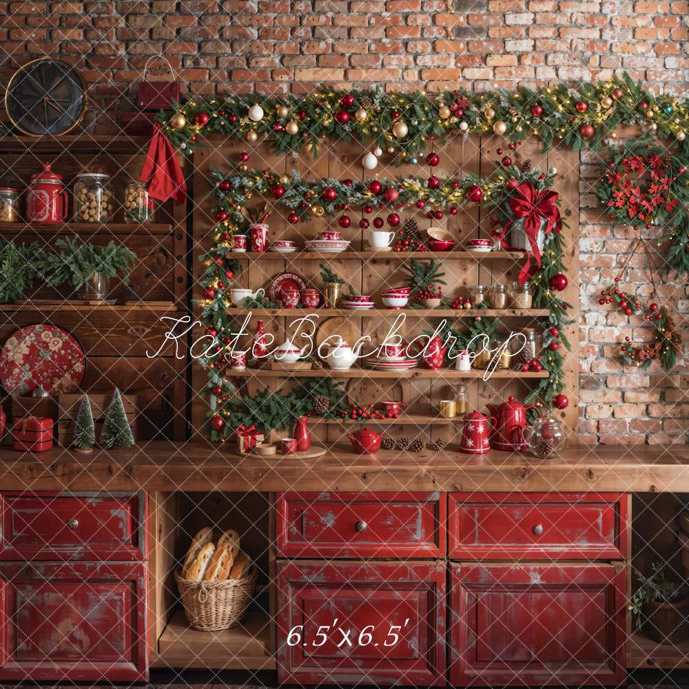 Kate Christmas Kitchen Red Cupboard Backdrop Designed by Emetselch -UK