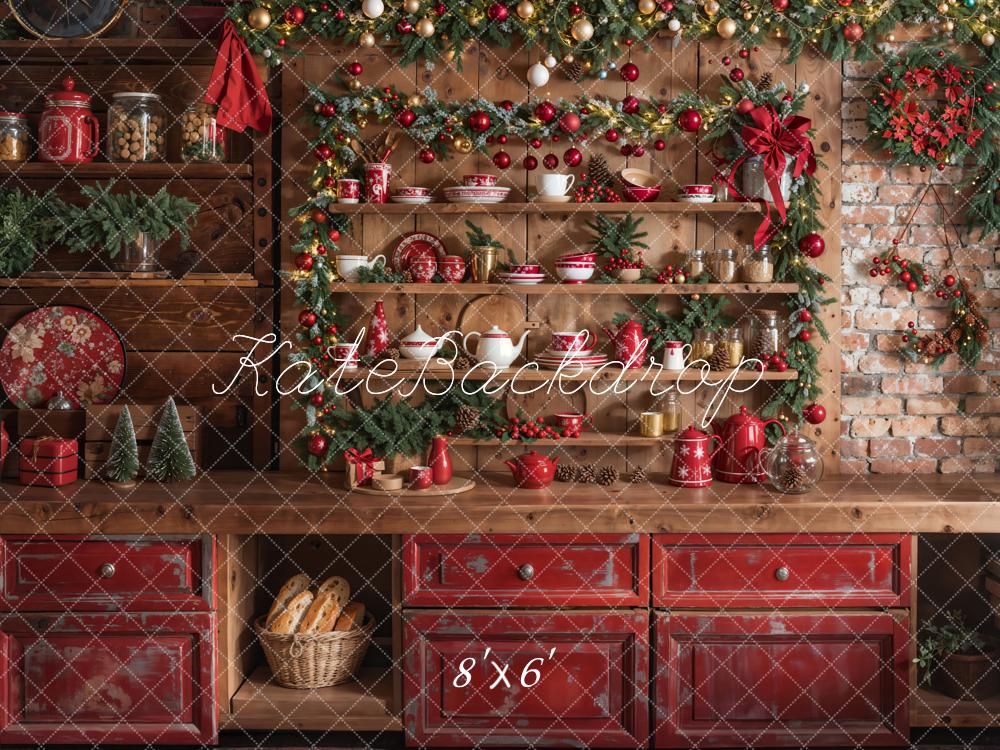 Kate Christmas Kitchen Red Cupboard Backdrop Designed by Emetselch -UK