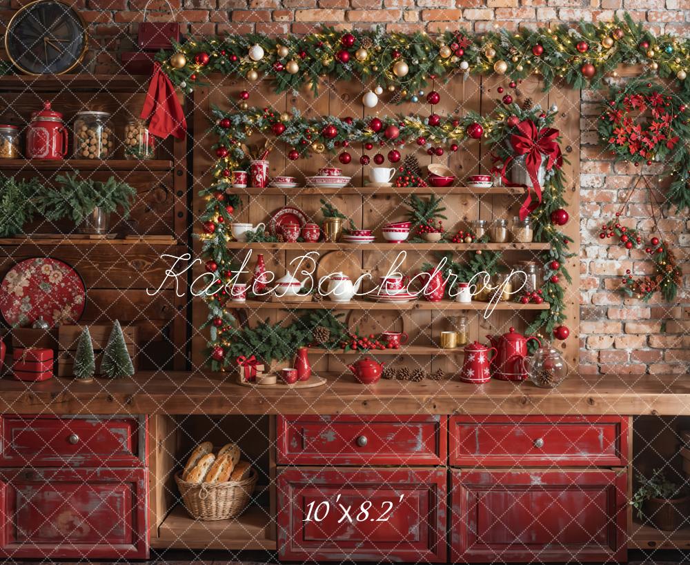 Kate Christmas Kitchen Red Cupboard Backdrop Designed by Emetselch -UK