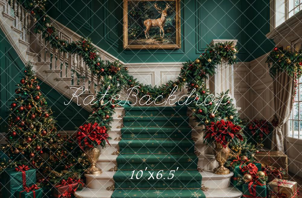 Kate Christmas Retro Green Staircase Backdrop Designed by Chain Photography -UK