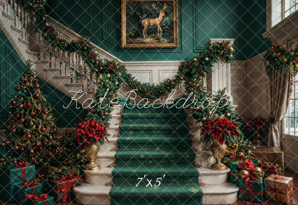 Kate Christmas Retro Green Staircase Backdrop Designed by Chain Photography -UK