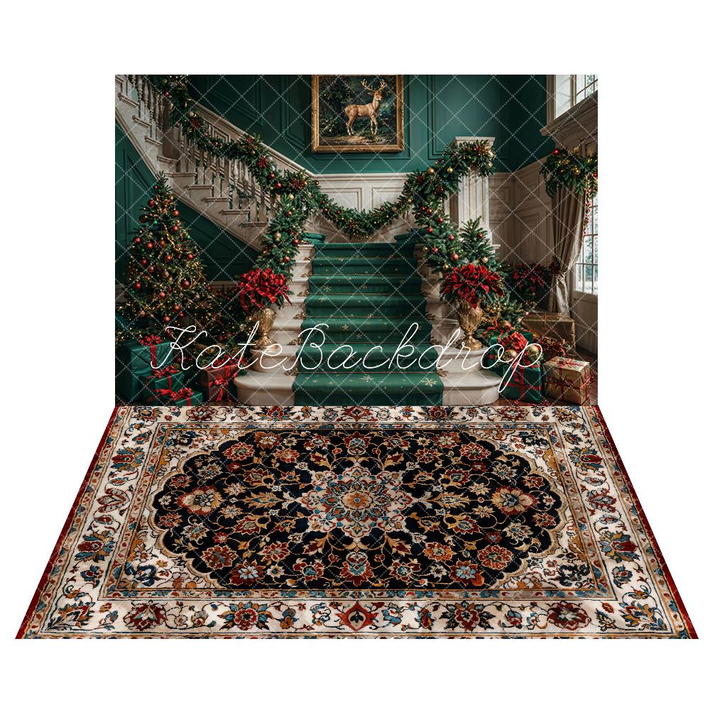 Kate Christmas White Green Staircase Backdrop+Vintage Floral Marble Floor Backdrop -UK