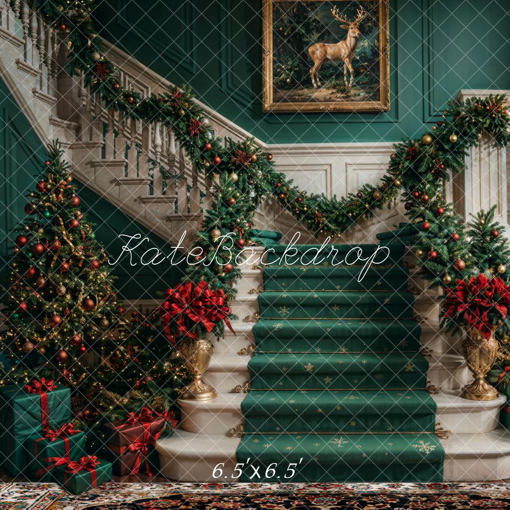 Kate Christmas Retro Green Staircase Backdrop Designed by Chain Photography -UK