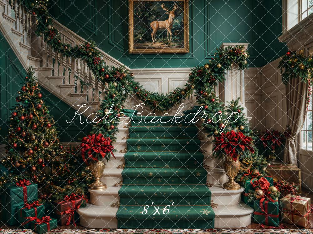 Kate Christmas Retro Green Staircase Backdrop Designed by Chain Photography -UK