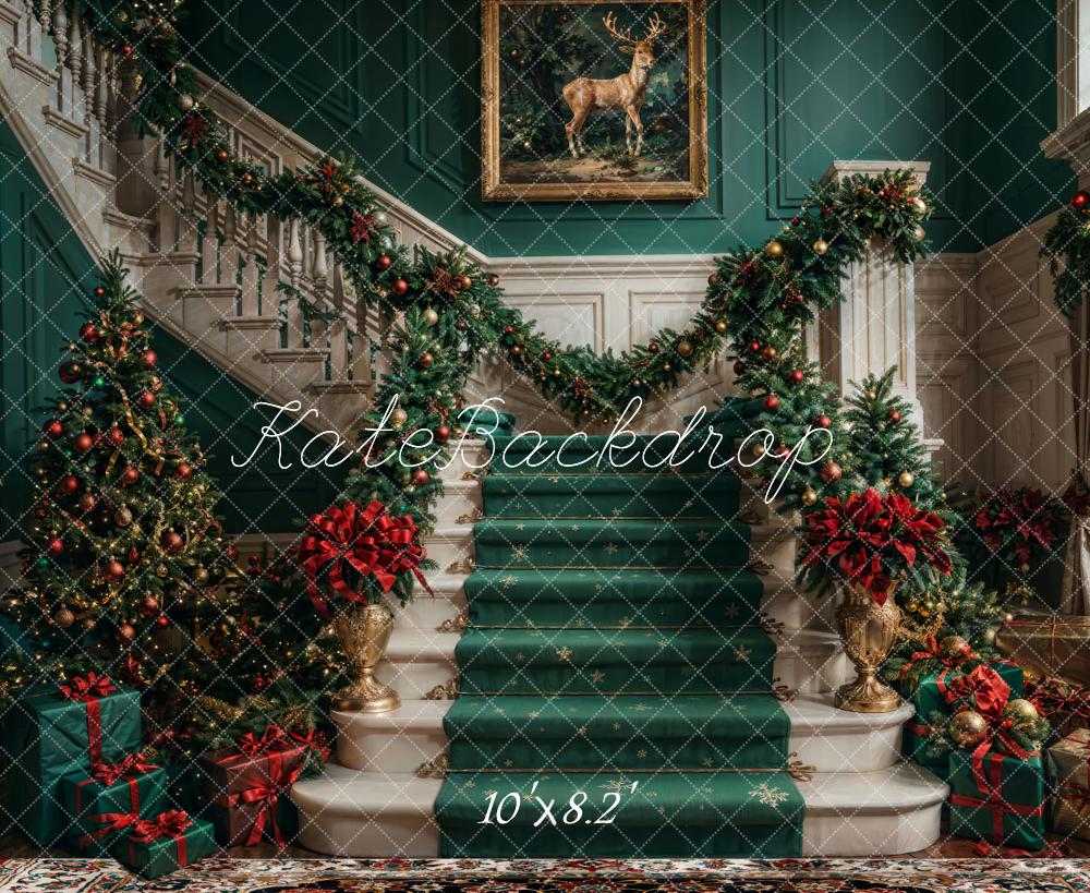 Kate Christmas Retro Green Staircase Backdrop Designed by Chain Photography -UK