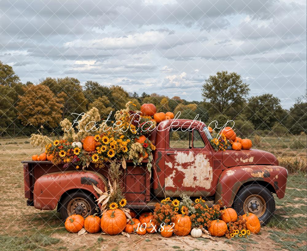 Kate Autumn Pumpkin Sunflower Crimson Truck Backdrop Designed by Emetselch -UK