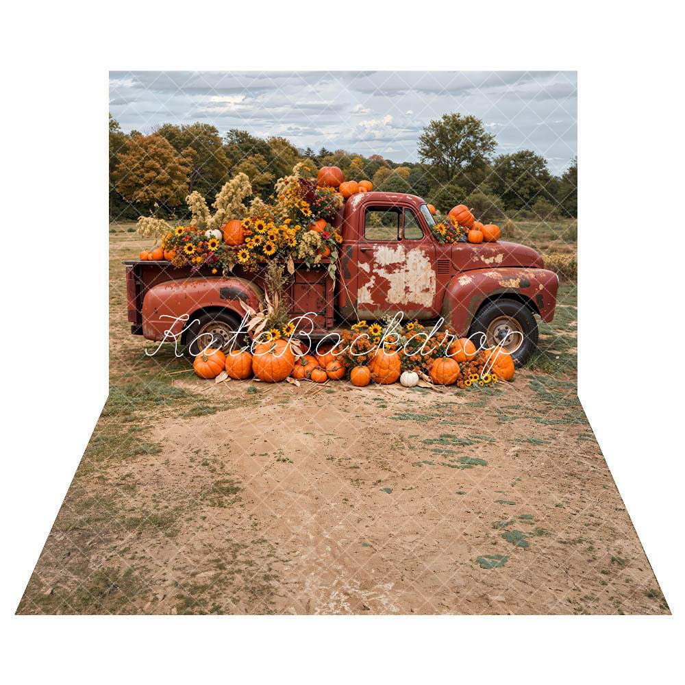 Kate Autumn Pumpkin Crimson Truck Backdrop+ Brown Dirt Road Floor Backdrop -UK