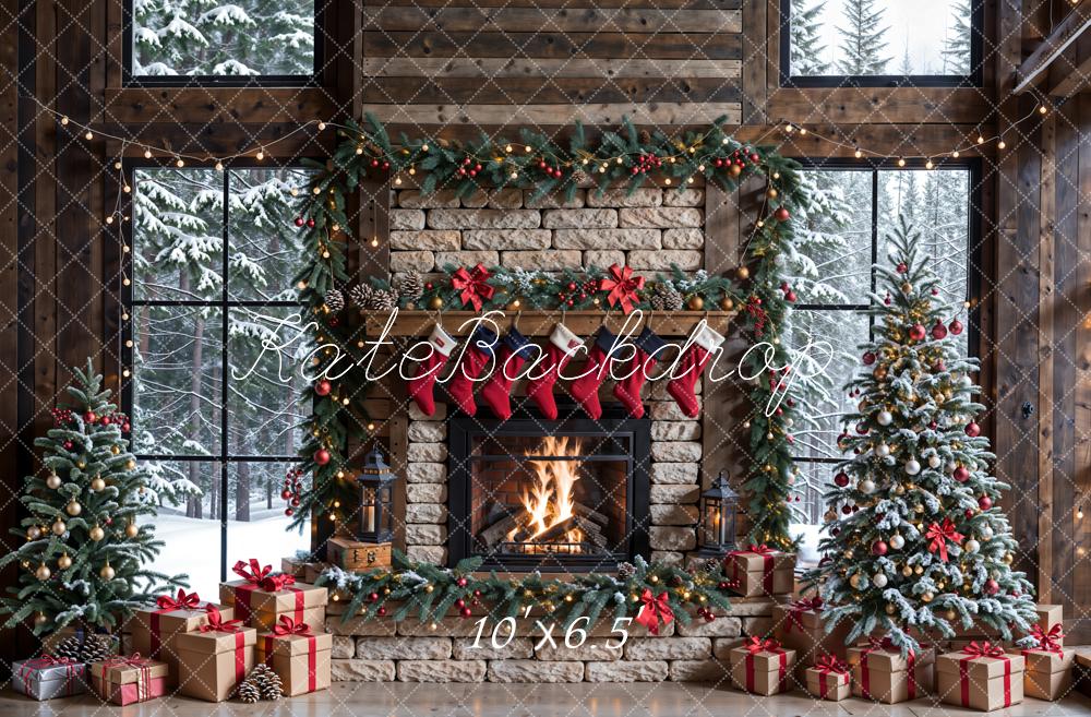 Kate Winter Christmas Brick Fireplace Brown Window Backdrop Designed by Emetselch -UK