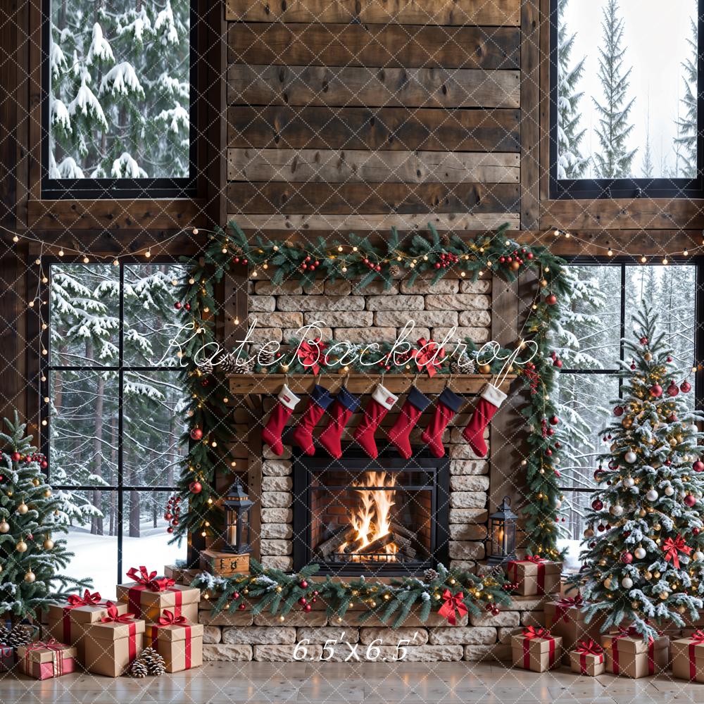 Kate Winter Christmas Brick Fireplace Brown Window Backdrop Designed by Emetselch -UK