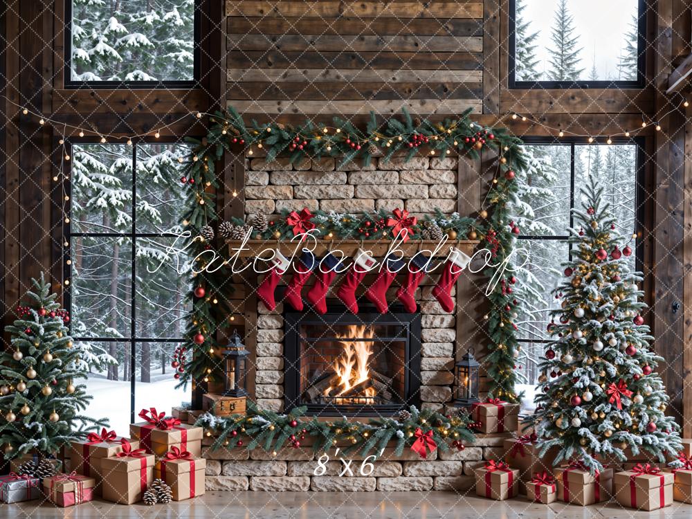 Kate Winter Christmas Brick Fireplace Brown Window Backdrop Designed by Emetselch -UK