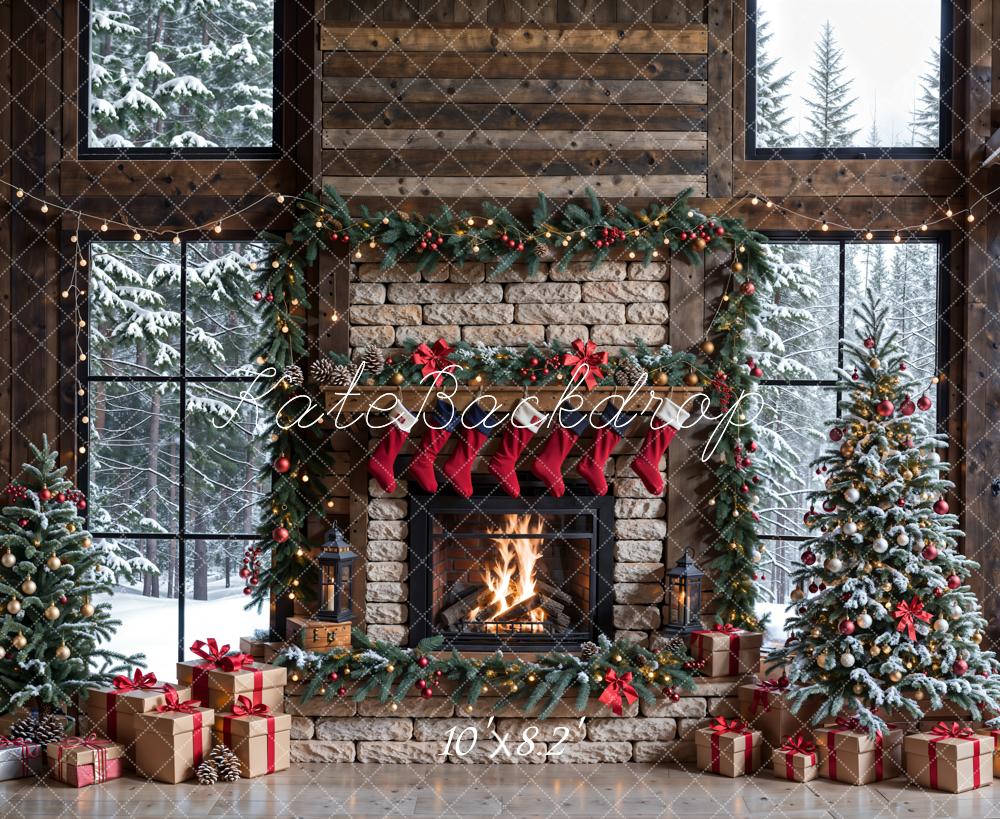 Kate Winter Christmas Brick Fireplace Brown Window Backdrop Designed by Emetselch -UK