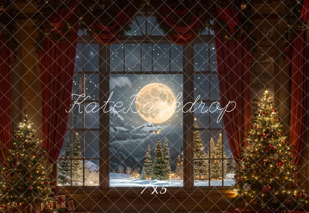 On Sale Kate Christmas Moon Night Red Curtain Window Backdrop Designed by Chain Photography -UK