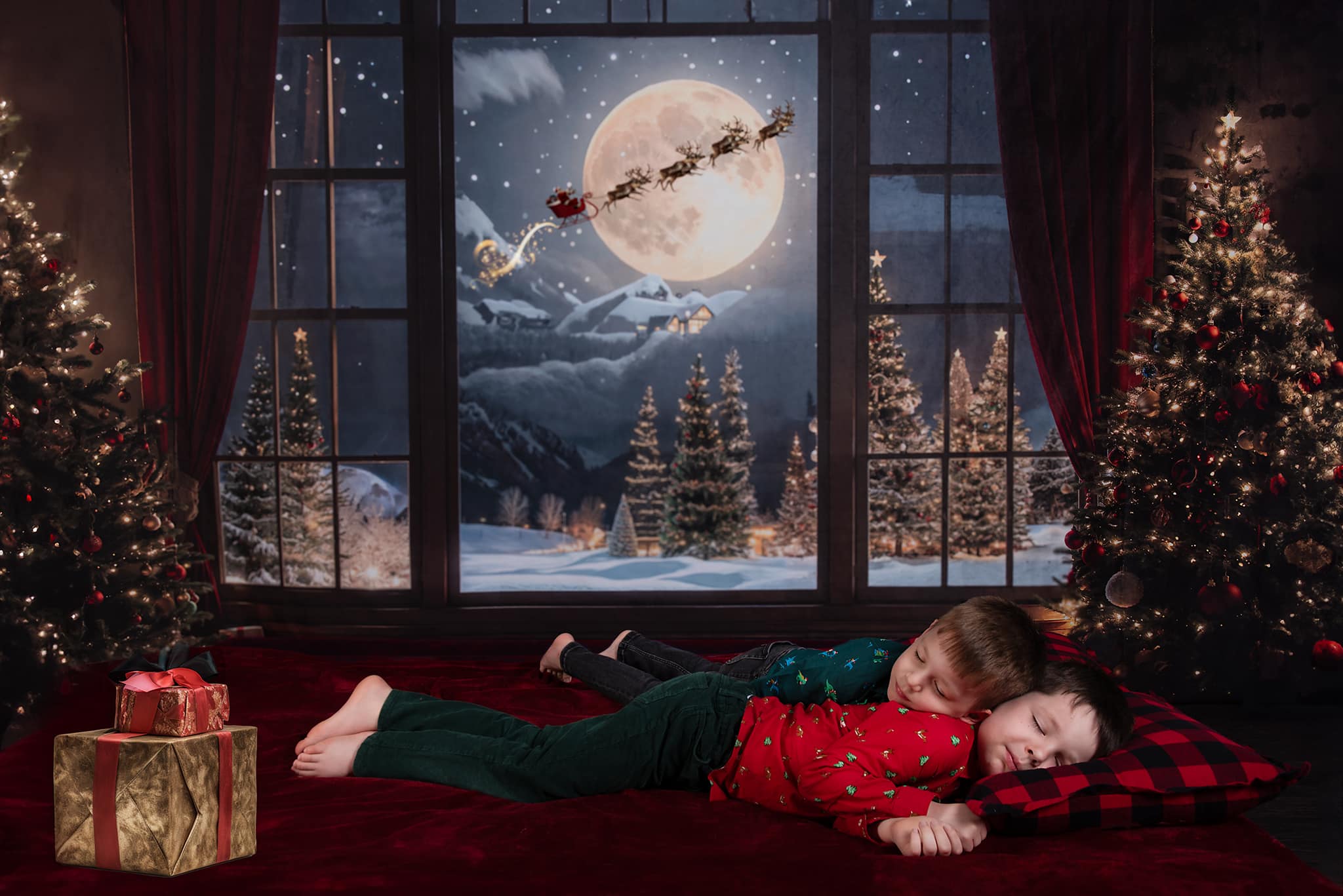 Kate Christmas Moon Night Red Curtain Window Backdrop Designed by Chain Photography -UK