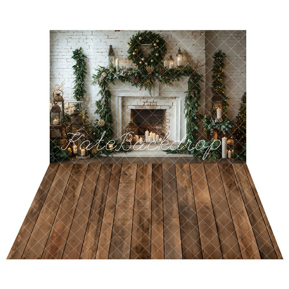 Kate Winter Christmas White Brick Fireplace Backdrop+Brown Wooden Floor Backdrop -UK