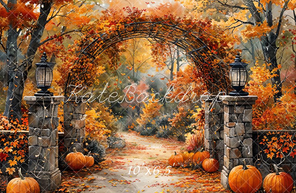 Kate Autumn Retro Watercolor Forest Pumpkin Arch Gate Backdrop Designed by GQ -UK