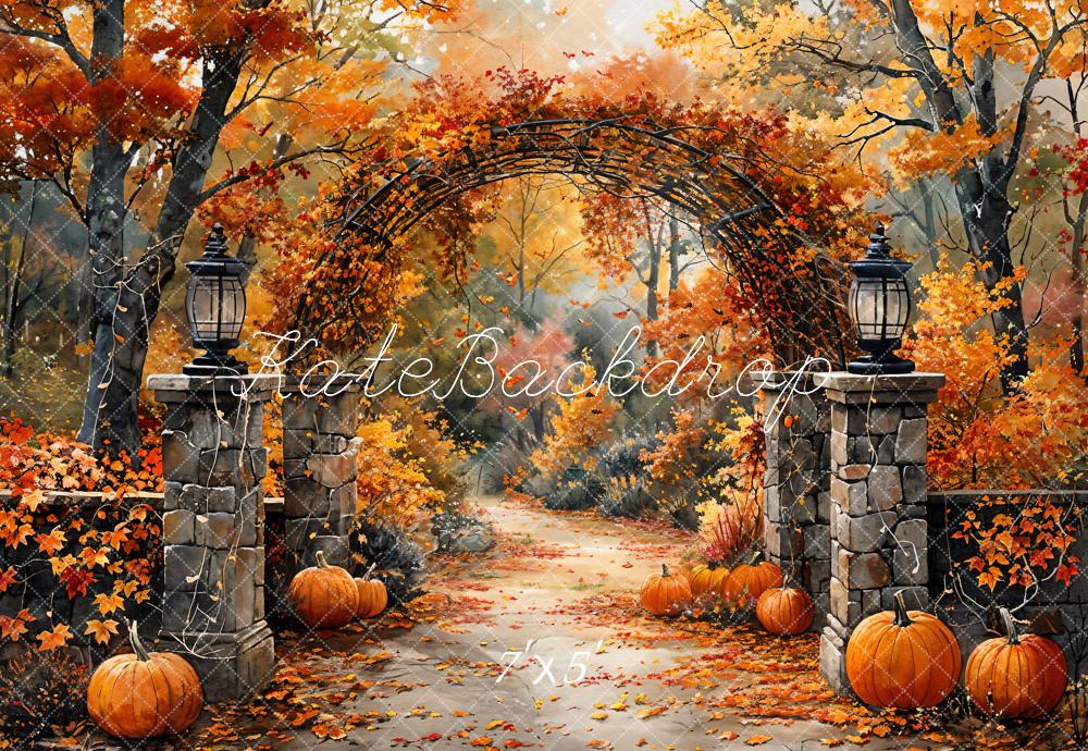 Kate Autumn Retro Watercolor Forest Pumpkin Arch Gate Backdrop Designed by GQ -UK