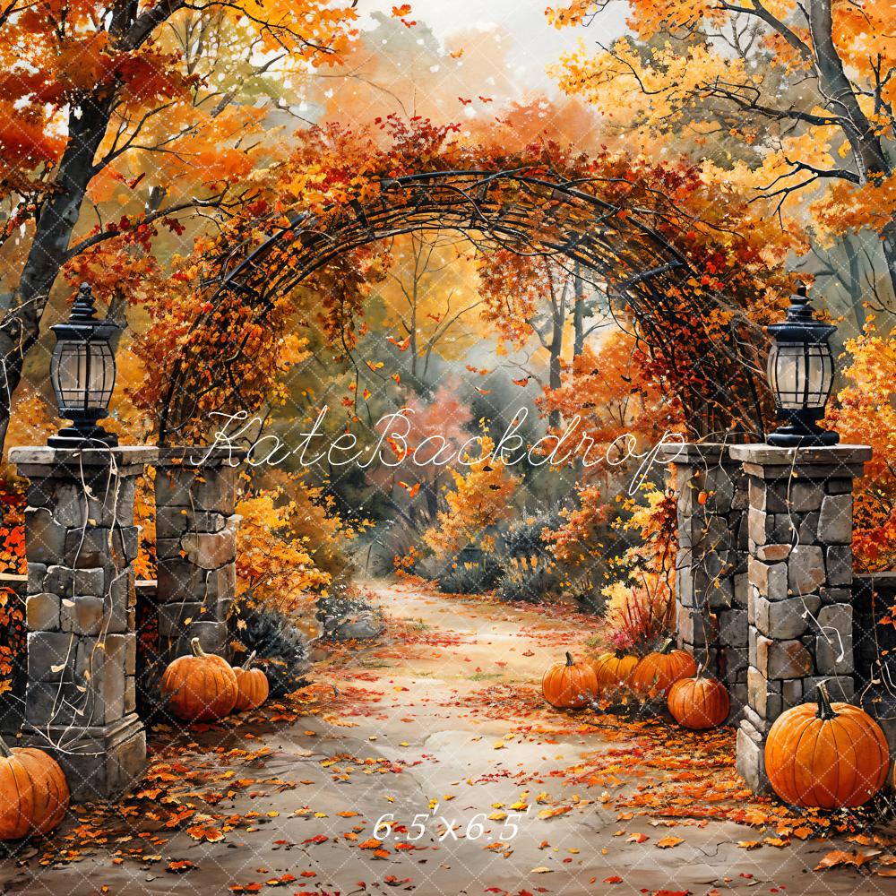 Kate Autumn Retro Watercolor Forest Pumpkin Arch Gate Backdrop Designed by GQ -UK