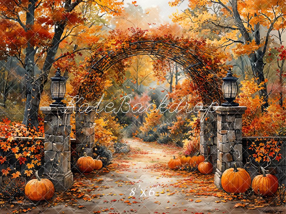 Kate Autumn Retro Watercolor Forest Pumpkin Arch Gate Backdrop Designed by GQ -UK