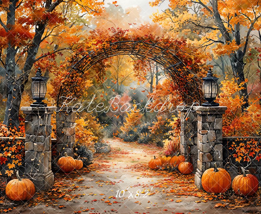 Kate Autumn Retro Watercolor Forest Pumpkin Arch Gate Backdrop Designed by GQ -UK