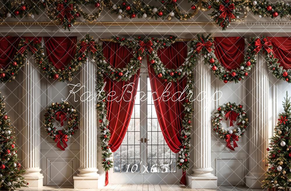 Kate Christmas Red Curtain Window White Wall Backdrop Designed by Chain Photography -UK