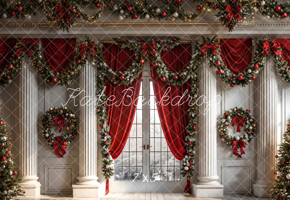 Kate Christmas Red Curtain Window White Wall Backdrop Designed by Chain Photography -UK