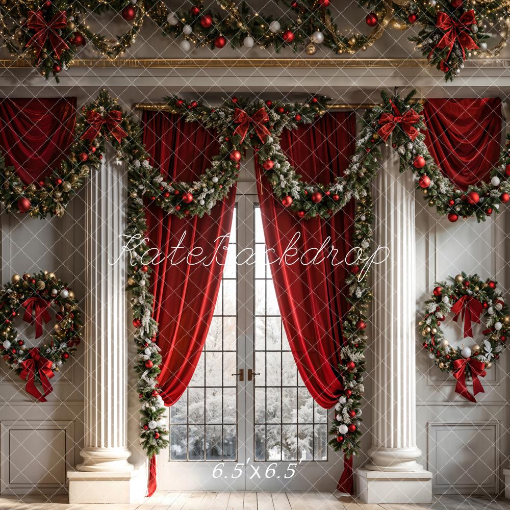 Kate Christmas Red Curtain Window White Wall Backdrop Designed by Chain Photography -UK