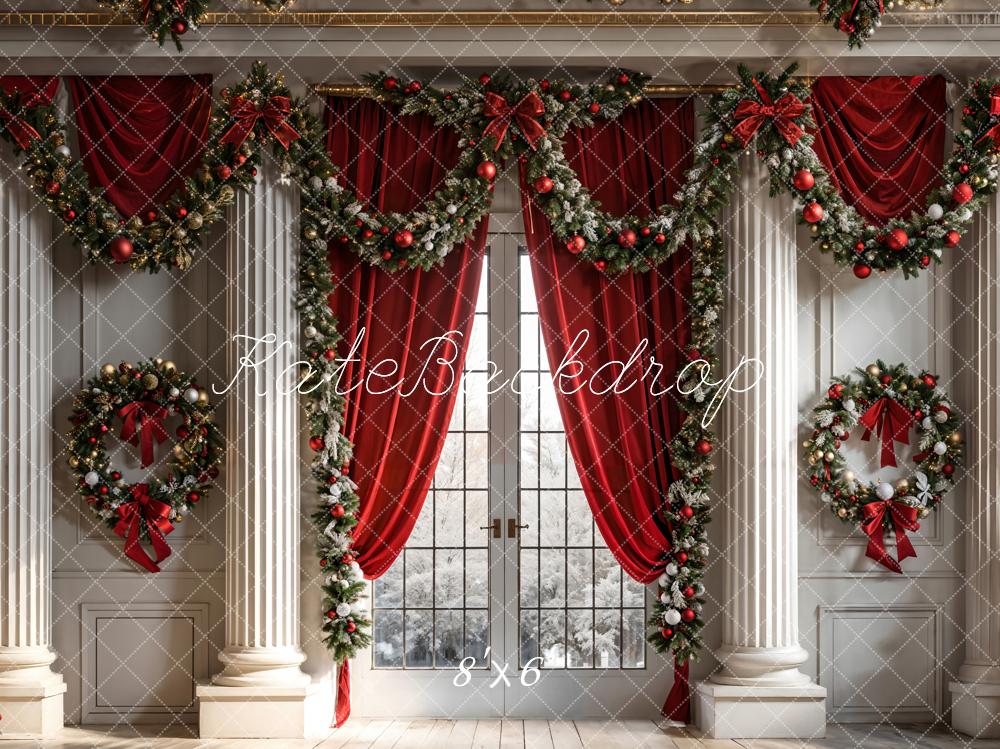 Kate Christmas Red Curtain Window White Wall Backdrop Designed by Chain Photography -UK