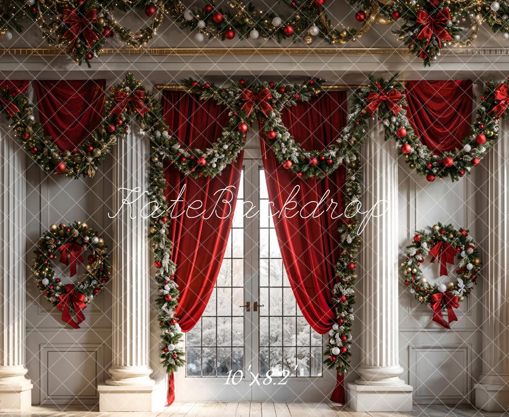 Kate Christmas Red Curtain Window White Wall Backdrop Designed by Chain Photography -UK