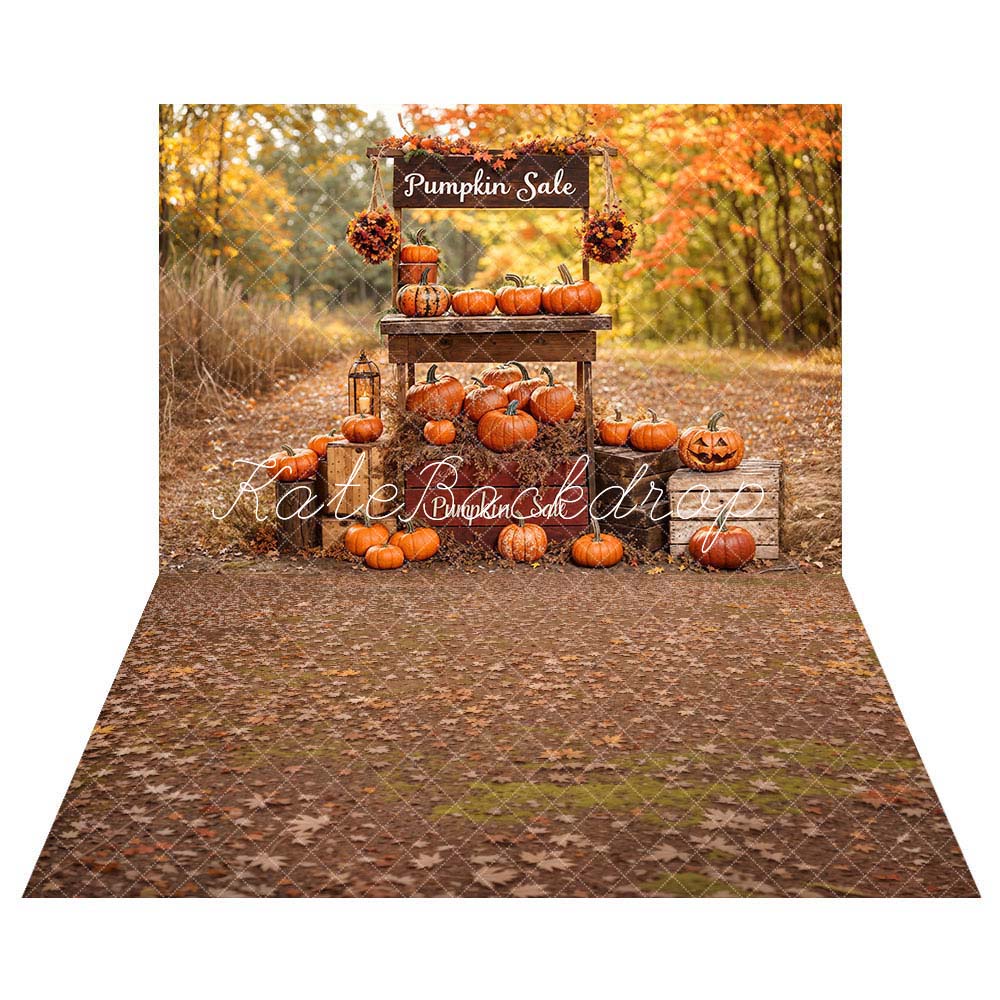 Kate Autumn Forest Pumpkins Stand Backdrop+Maple Leaves Wet Meadow Floor Backdrop -UK