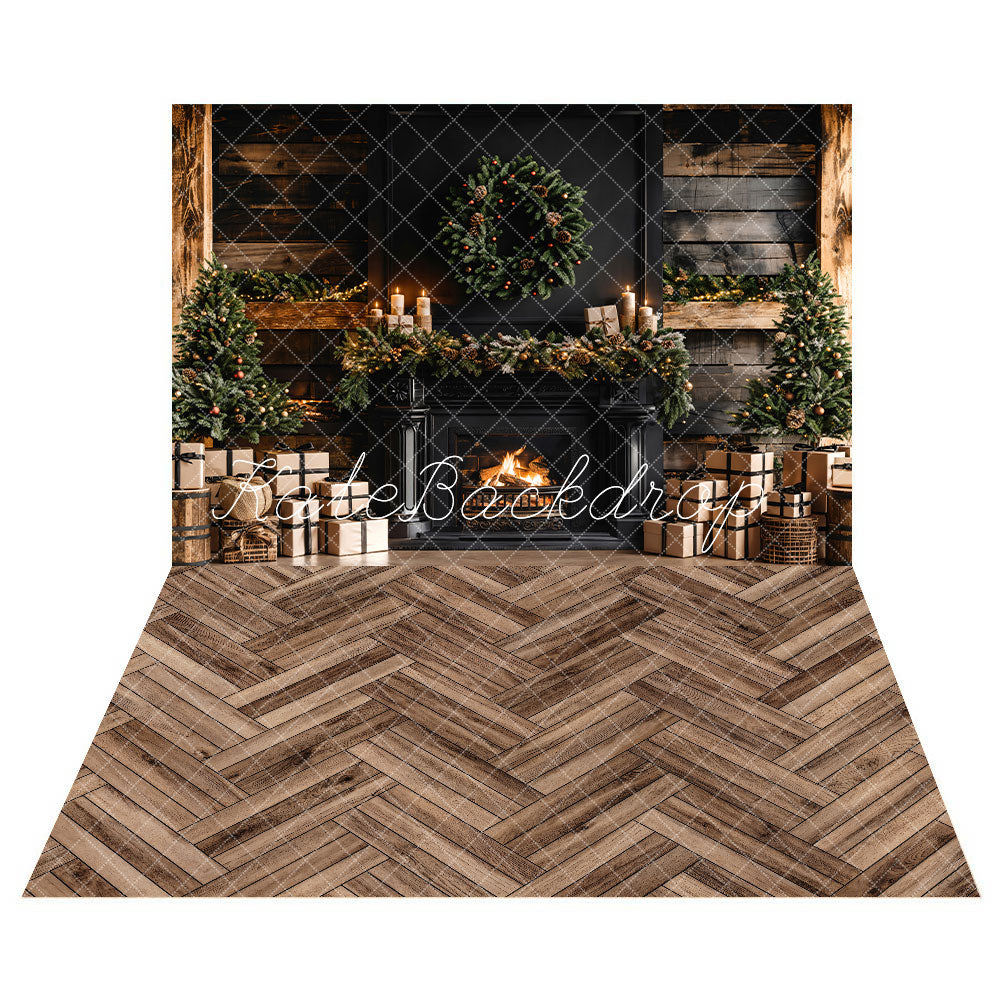 Kate Christmas Black Modern Fireplace Backdrop+Brown Herringbone Wood Floor Backdrop -UK