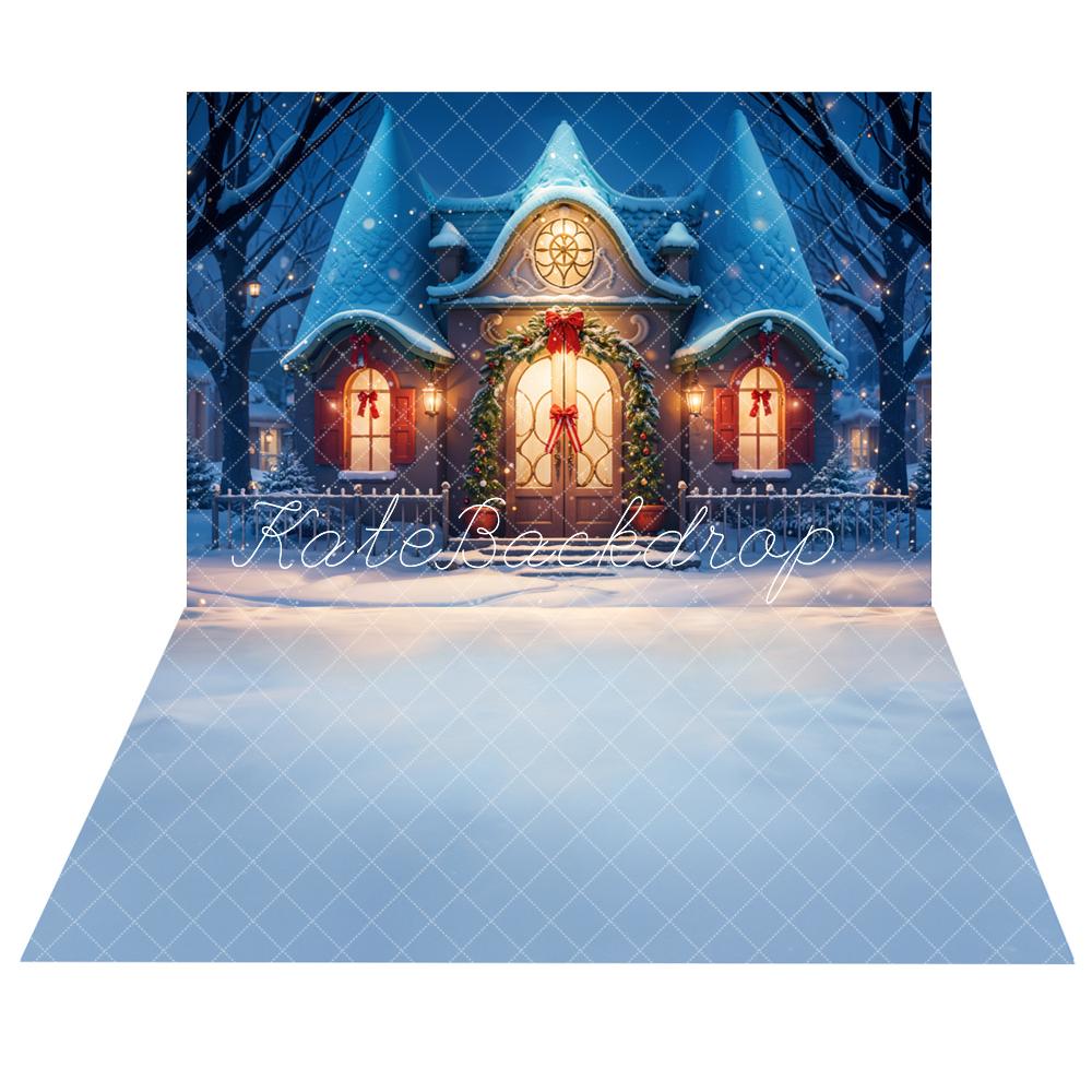 On Sale Kate Fantasy Cartoon Winter Snow Blue House Backdrop+Winter Light Blue Snow Floor Backdrop -UK