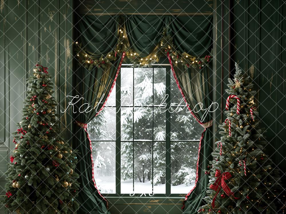 On Sale Kate Christmas Dark Green Curtain Window Retro Wall Backdrop Designed by Emetselch -UK