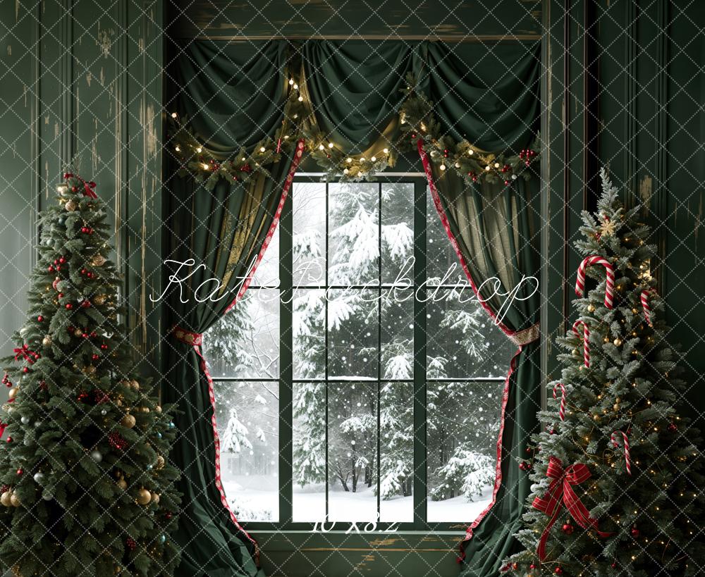 On Sale Kate Christmas Dark Green Curtain Window Retro Wall Backdrop Designed by Emetselch -UK