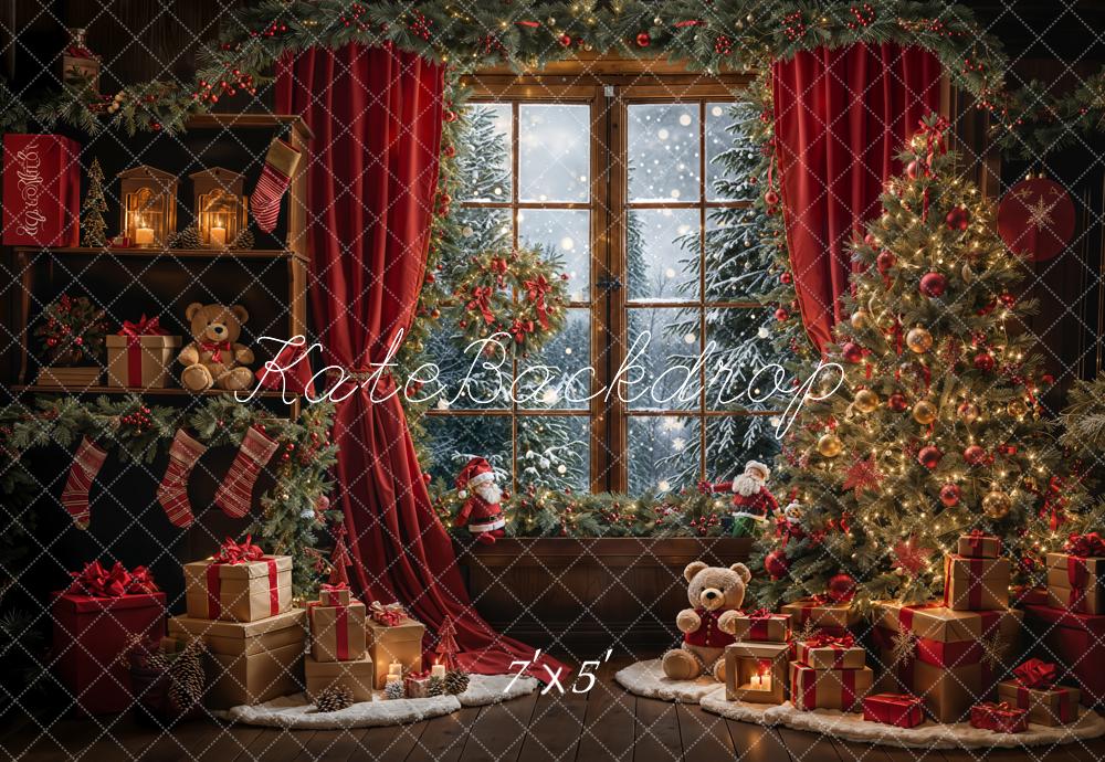 Kate Christmas Teddy Bear Red Curtain Window Backdrop Designed by Emetselch -UK