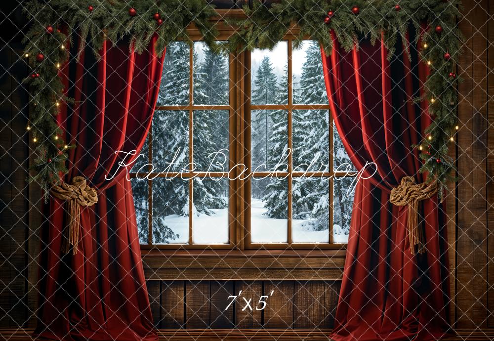 Kate Winter Christmas Red Curtain Window Backdrop Designed by Emetselch -UK