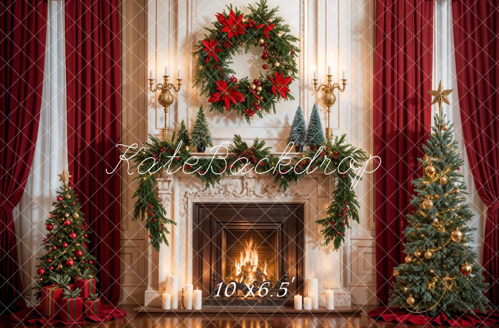 Kate Christmas Retro Red Curtain White Fireplace Backdrop Designed by Emetselch -UK