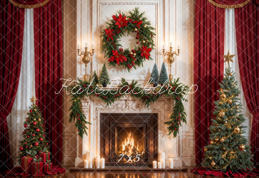 Kate Christmas Retro Red Curtain White Fireplace Backdrop Designed by Emetselch -UK